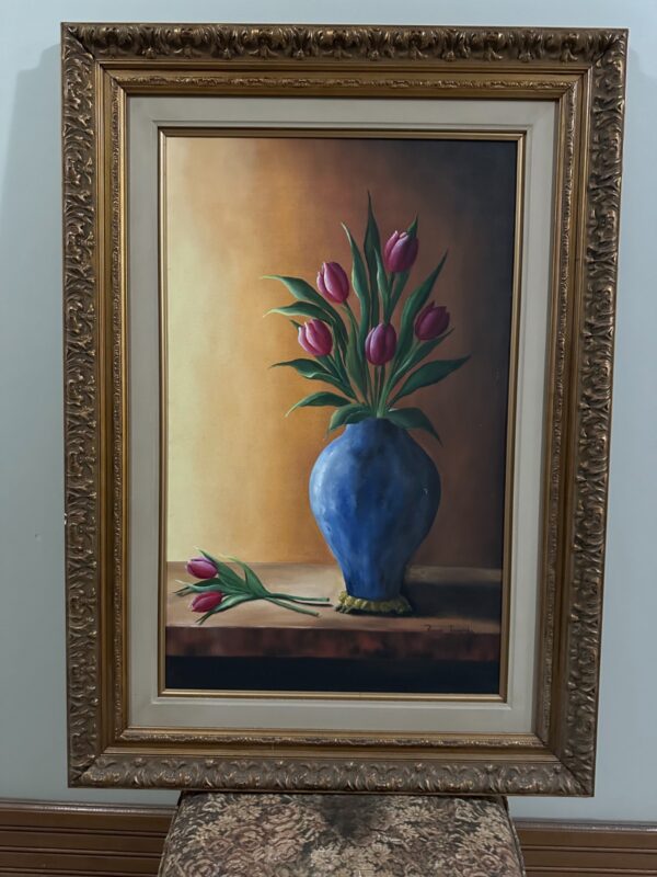 Quadro com Vaso azul e tulipas rosas