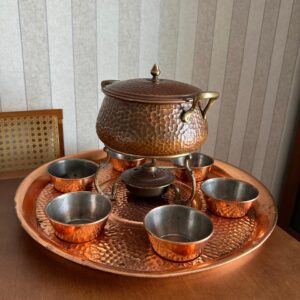 JOGO DE FONDUE — COBRE — BANDEJA + RECHAUD + PANELA E TAMPA + 6 BOWLS - A103.107