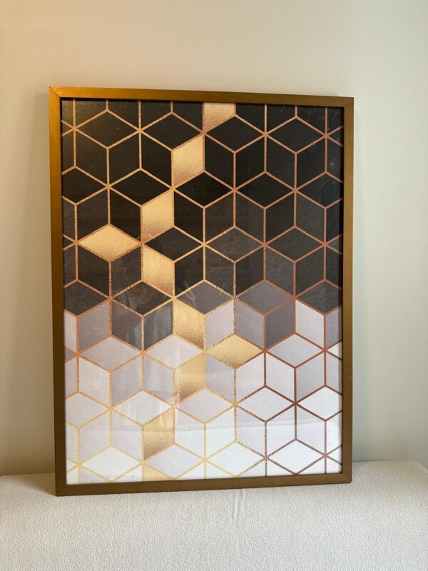 QUADRO — GRAVURA GEOMÉTRICA — MOLDURA DOURADA — MÍNIMA RACHADURA NA MOLDURA