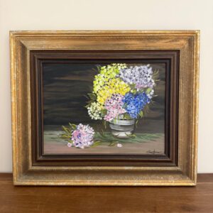 TELA EM TINTA ACRÍLICA - ARTISTA PLÁSTICA HELENA - OBRA HORTÊNCIAS - MOLDURA DOURADA ENVELHECIDA — B050.10