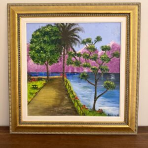 TELA COM PINTURA ACRÍLICA - ARTISTA PLÁSTICA HELENA - OBRA PASSAGEM - MOLDURA DOURADA ENVELHECIDA — B050.12