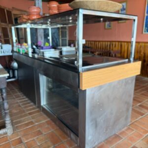 BALCÃO REFRIGERADO PARA BUFFET - INOX + PEDRA SÃO GABRIEL - PISTA FRIA E PISTA QUENTE BANHO MARIA - VITRINE DA GELADEIRA — M071.11